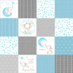 Starry Sky Baby Elephant Quilt Top – Nursery Blanket Bedding - Stonewash Blue & Gray