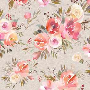 Winter Roses - warm pink and peach on tan linen