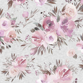 Winter Roses - Pink on Grey Linen