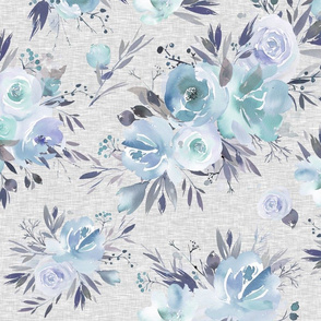 Winter Roses - Blue and Lavender on Grey Linen