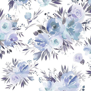 Winter Roses - blue and lavender on white