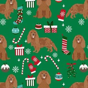 cavalier ruby fabric - king charles spaniel fabric, christmas fabric, christmas dog fabric - green