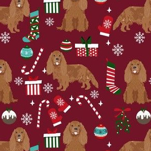 cavalier ruby fabric - king charles spaniel fabric, christmas fabric, christmas dog fabric -ruby