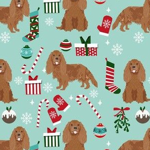 cavalier ruby fabric - king charles spaniel fabric, christmas fabric, christmas dog fabric - light blue