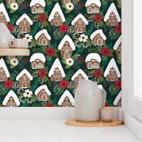 Gingerbread Houses and Christmas Florals - Medium Large Scale - Green Background Holiday Sweets Flowers