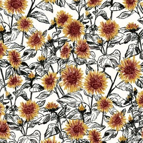 Blazing Sunflower Meadow (black-white) 9”
