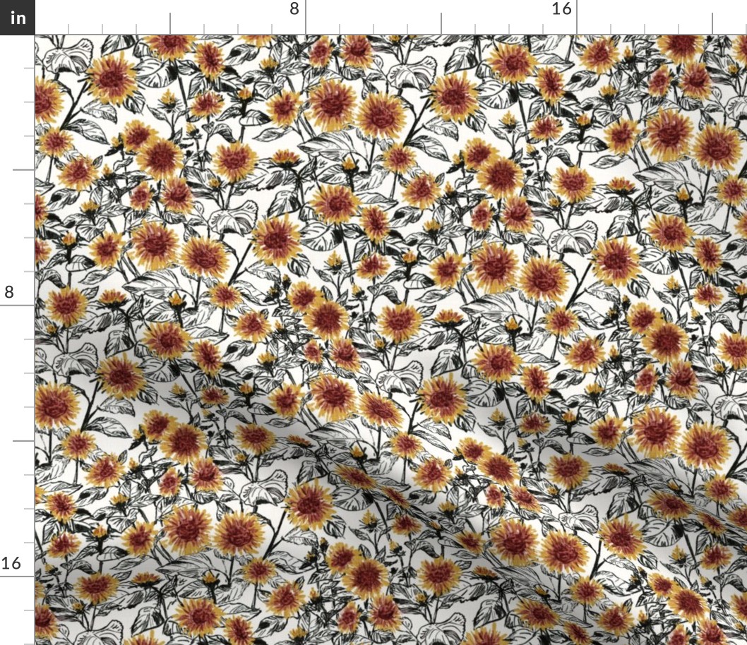 Blazing Sunflower Meadow (black-white) 9”