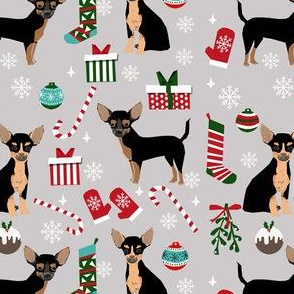 chihuahua dog christmas fabric - cute chihuahua fabric, christmas holiday dog fabric, black and tan chihuahua -  grey