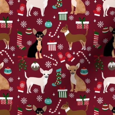 chihuahua dog christmas fabric - cute chihuahua fabric, christmas holiday dog fabric, mixed coats chihuahua -  ruby