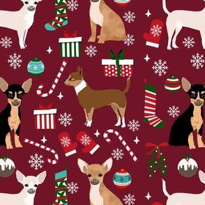 chihuahua dog christmas fabric - cute chihuahua fabric, christmas holiday dog fabric, mixed coats chihuahua -  ruby