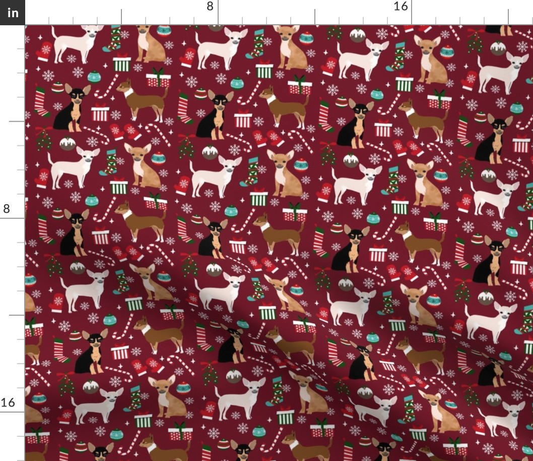 chihuahua dog christmas fabric - cute chihuahua fabric, christmas holiday dog fabric, mixed coats chihuahua -  ruby