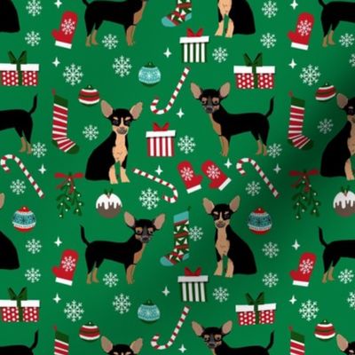 chihuahua dog christmas fabric - cute chihuahua fabric, christmas holiday dog fabric, black and tan chihuahua - green