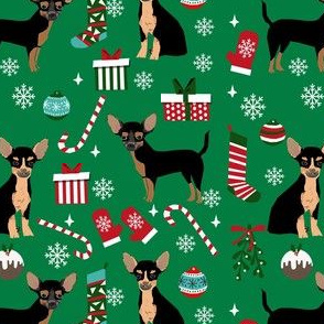 chihuahua dog christmas fabric - cute chihuahua fabric, christmas holiday dog fabric, black and tan chihuahua - green
