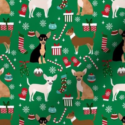 chihuahua dog christmas fabric - cute chihuahua fabric, christmas holiday dog fabric, mixed coats chihuahua -  green