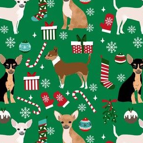 chihuahua dog christmas fabric - cute chihuahua fabric, christmas holiday dog fabric, mixed coats chihuahua -  green