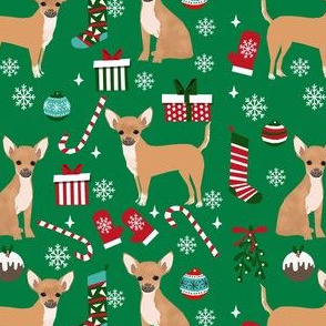 chihuahua dog christmas fabric - cute chihuahua fabric, christmas holiday dog fabric, tan chihuahua -  green