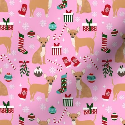 chihuahua dog christmas fabric - cute chihuahua fabric, christmas holiday dog fabric, tan chihuahua -  pink