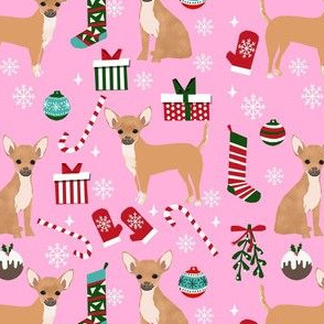 chihuahua dog christmas fabric - cute chihuahua fabric, christmas holiday dog fabric, tan chihuahua -  pink