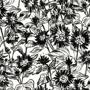 Black Sunflower Contour (white linen) 12”