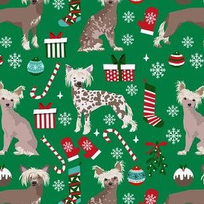 chinese crested dog christmas fabric - christmas dog fabric, chinese crested fabric, dog fabric, holiday - green