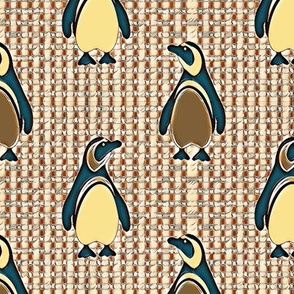 Peguins in Gold Brown and Black on Brown Woven Background