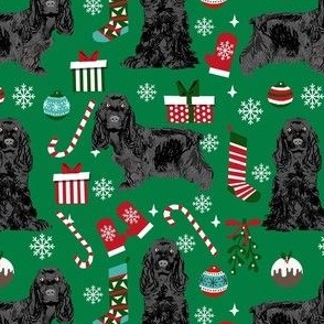 cocker spaniel christmas fabric - black cocker spaniel fabric, dog fabric, christmas dog fabric  - green