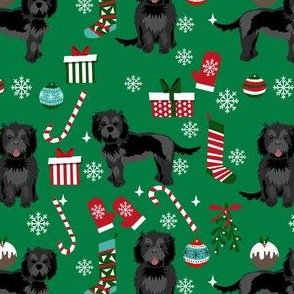 cockapoo christmas fabric - black cockapoo fabric, dog fabric, christmas dog fabric - bright green