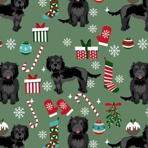 cockapoo christmas fabric - black cockapoo fabric, dog fabric, christmas dog fabric - green