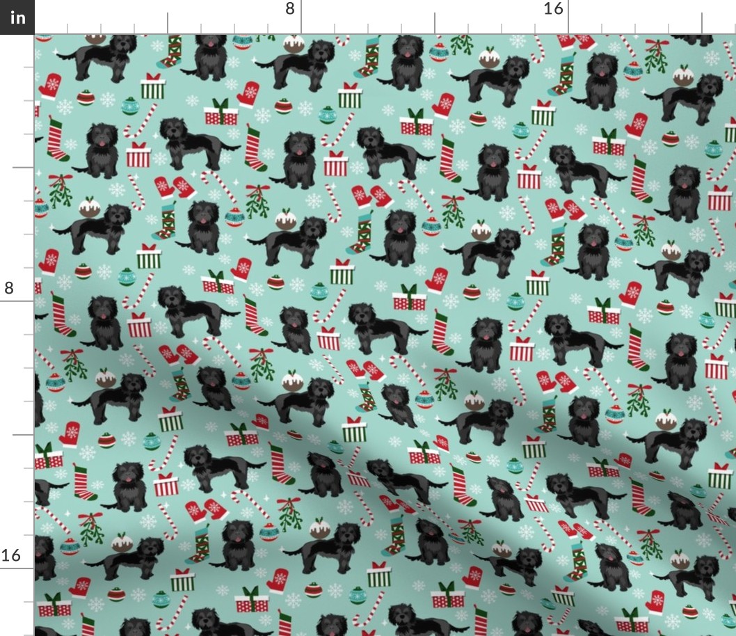 cockapoo christmas fabric - black cockapoo fabric, dog fabric, christmas dog fabric - blue