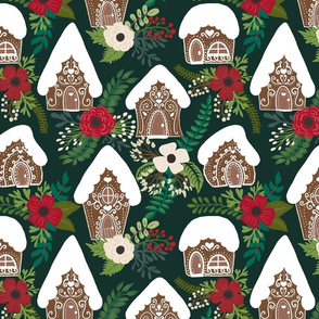Gingerbread Houses and Christmas Florals - Medium Scale - Green Background