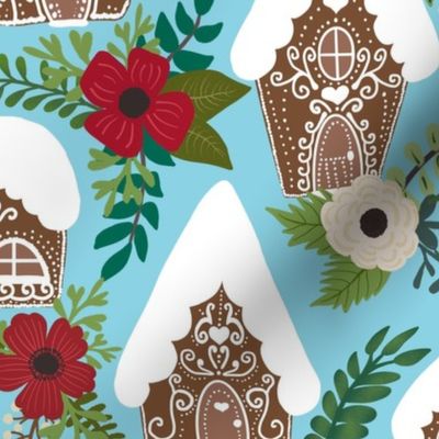 Gingerbread Houses and Christmas Florals - Medium Scale - Turquoise Blue Background