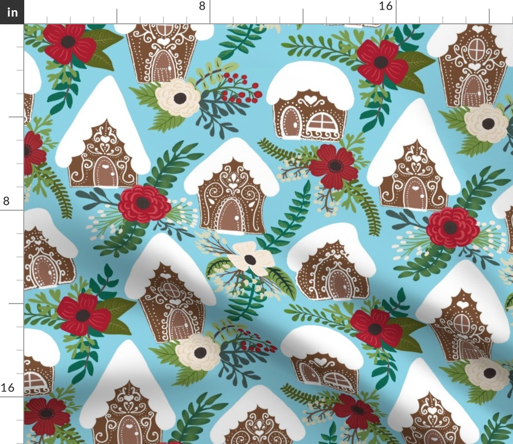 Gingerbread Houses and Christmas Florals - Medium Scale - Turquoise Blue Background