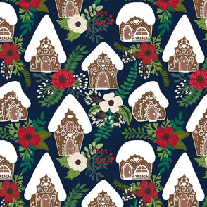 Gingerbread Houses and Christmas Florals - Medium Scale -  Navy Background 