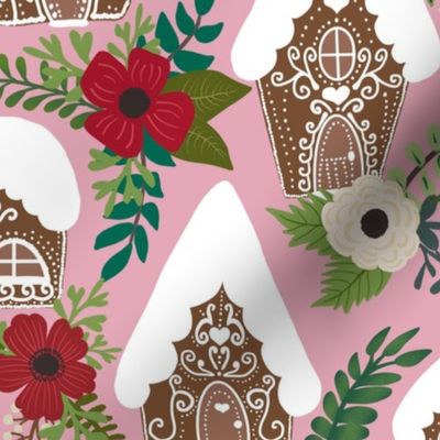 Gingerbread Houses and Christmas Florals  - Medium Scale - Pink Background Festive Sweets and Flowers