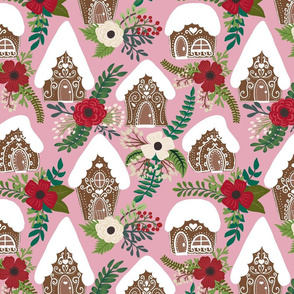 Gingerbread Houses and Christmas Florals  - Medium Scale - Pink Background Festive Sweets and Flowers