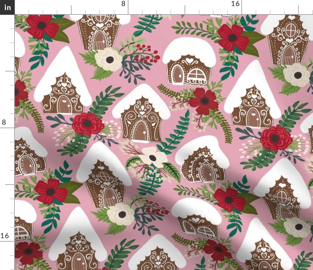 Gingerbread Houses and Christmas Florals  - Medium Scale - Pink Background Festive Sweets and Flowers