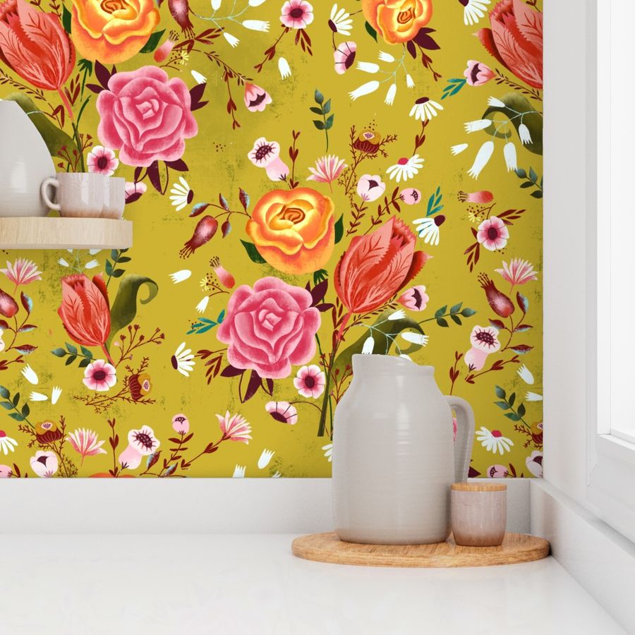 roses on gold chintz