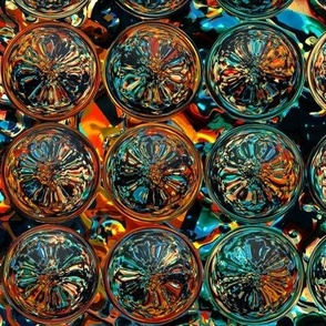 kaleidoscope o lens melt gold metal saffron turquoise orange aqua emerald blue brown PSMGE
