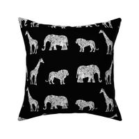 ANIMAL PRINT  ELEPHANT,GIRAFFE AND LION in black and white