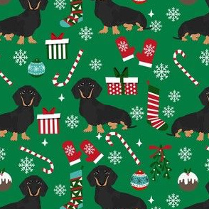 dachshund dog christmas fabric - dachshund fabric, christmas dog fabric, holiday fabric - black and tan dachshund - green