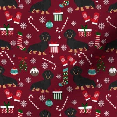 dachshund dog christmas fabric - dachshund fabric, christmas dog fabric, holiday fabric - black and tan dachshund -  ruby