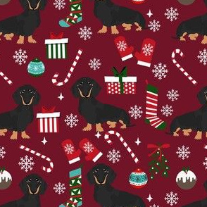 dachshund dog christmas fabric - dachshund fabric, christmas dog fabric, holiday fabric - black and tan dachshund -  ruby