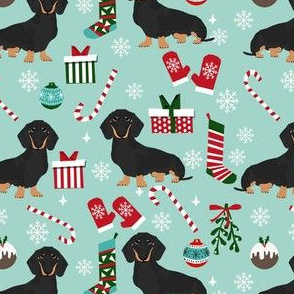 dachshund dog christmas fabric - dachshund fabric, christmas dog fabric, holiday fabric - black and tan dachshund - blue