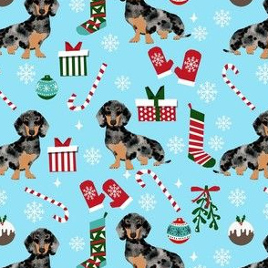 dachshund dog christmas fabric - dachshund fabric, christmas dog fabric, holiday fabric - dapple dachshund -blue