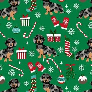 dachshund dog christmas fabric - dachshund fabric, christmas dog fabric, holiday fabric - dapple dachshund - green