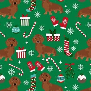 dachshund dog christmas fabric - dachshund fabric, christmas dog fabric, holiday fabric - red dachshund - green