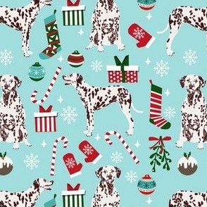liver dalmatian dog christmas fabric, christmas dog fabric, liver dalmatian, liver dalmatian fabric - light blue