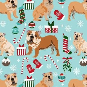 bulldog christmas fabric - dog fabric, christmas fabric, english bulldog, english bulldog fabric - light blue