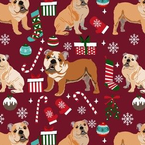 bulldog christmas fabric - dog fabric, christmas fabric, english bulldog, english bulldog fabric -ruby