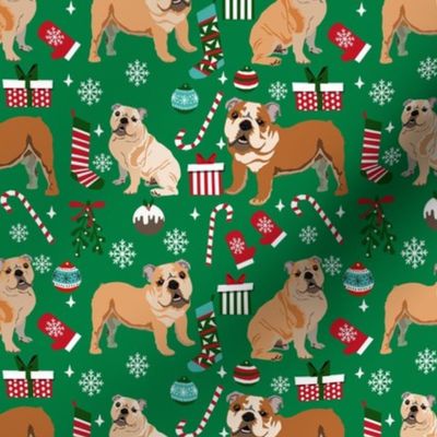 bulldog christmas fabric - dog fabric, christmas fabric, english bulldog, english bulldog fabric - green